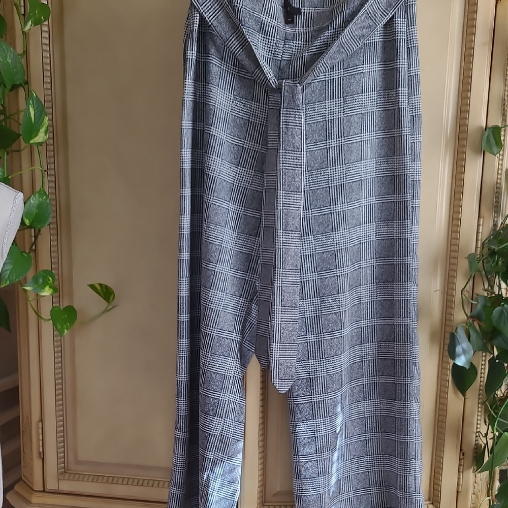 Gray Plaid Wide-Leg Pants